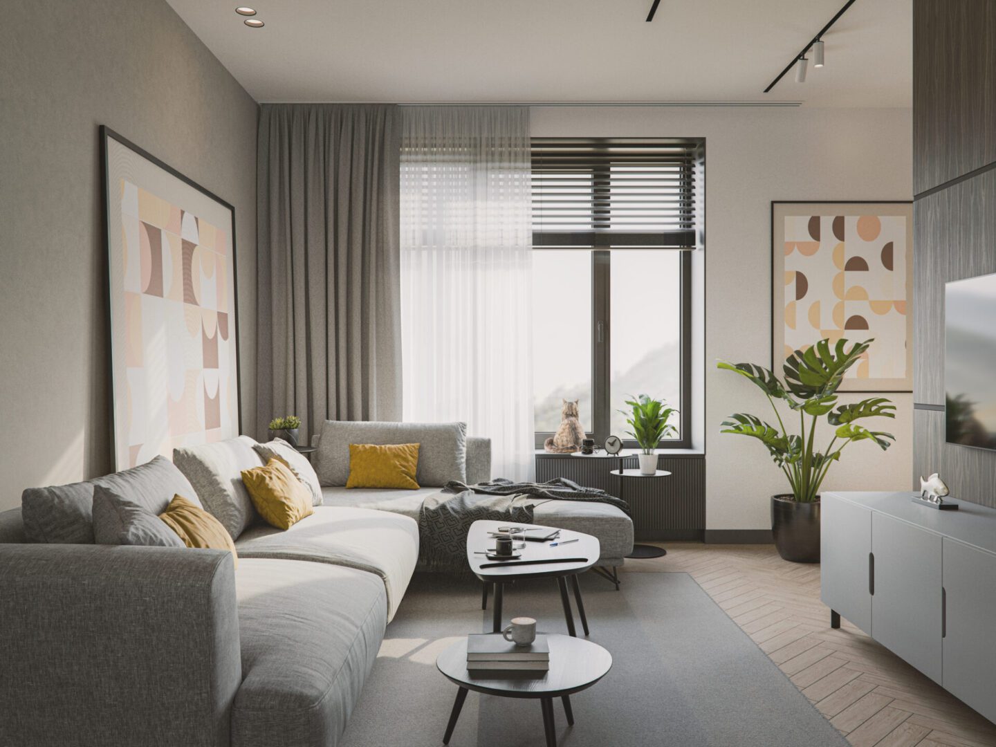 Modern apartment interior. 3D generated image. Wall artworks are my own images and are just 3D renders as well.